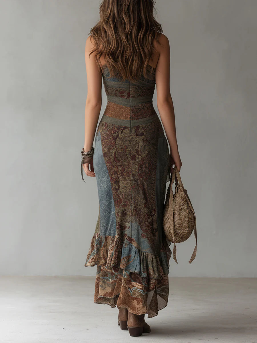Elena | One-Shoulder Maxi Dress with Ethnic Print and High Slit