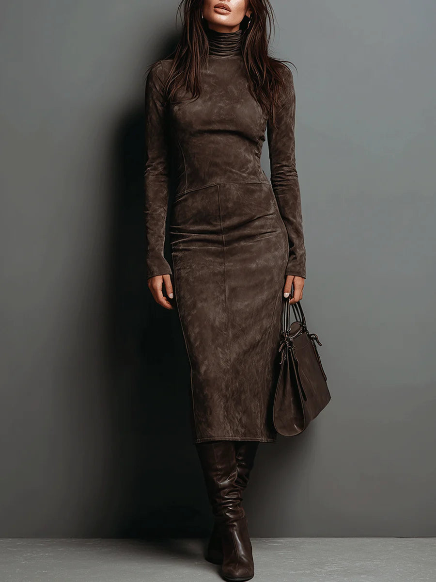 ILARIA - SUEDE MIDI DRESS WITH HIGH NECK AND LONG SLEEVES