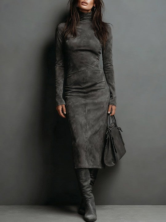 ILARIA - SUEDE MIDI DRESS WITH HIGH NECK AND LONG SLEEVES