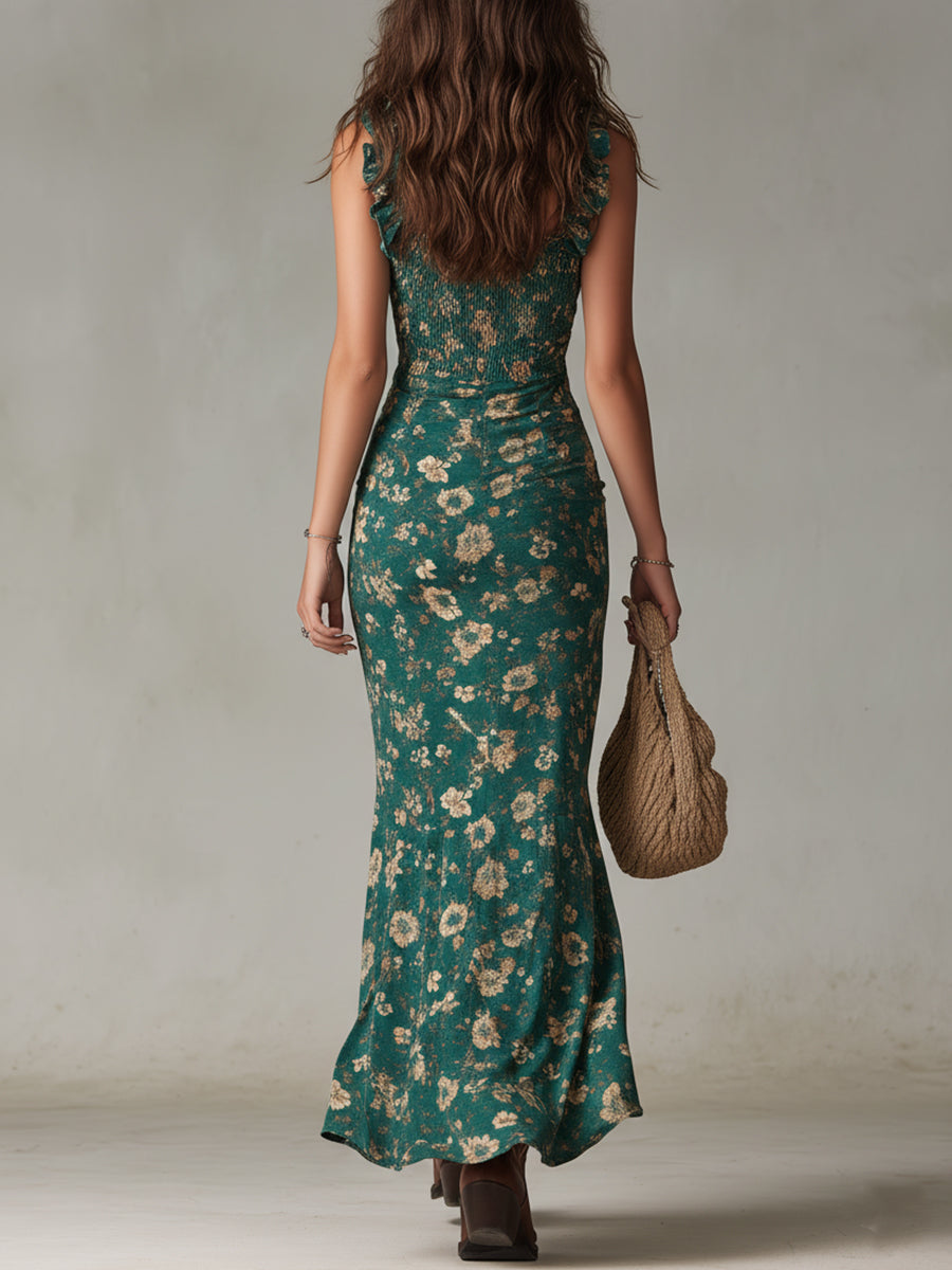 ZARA | RETRO BOHO MAXI DRESS WITH GATHERED SLEEVES AND HIGH SLIT