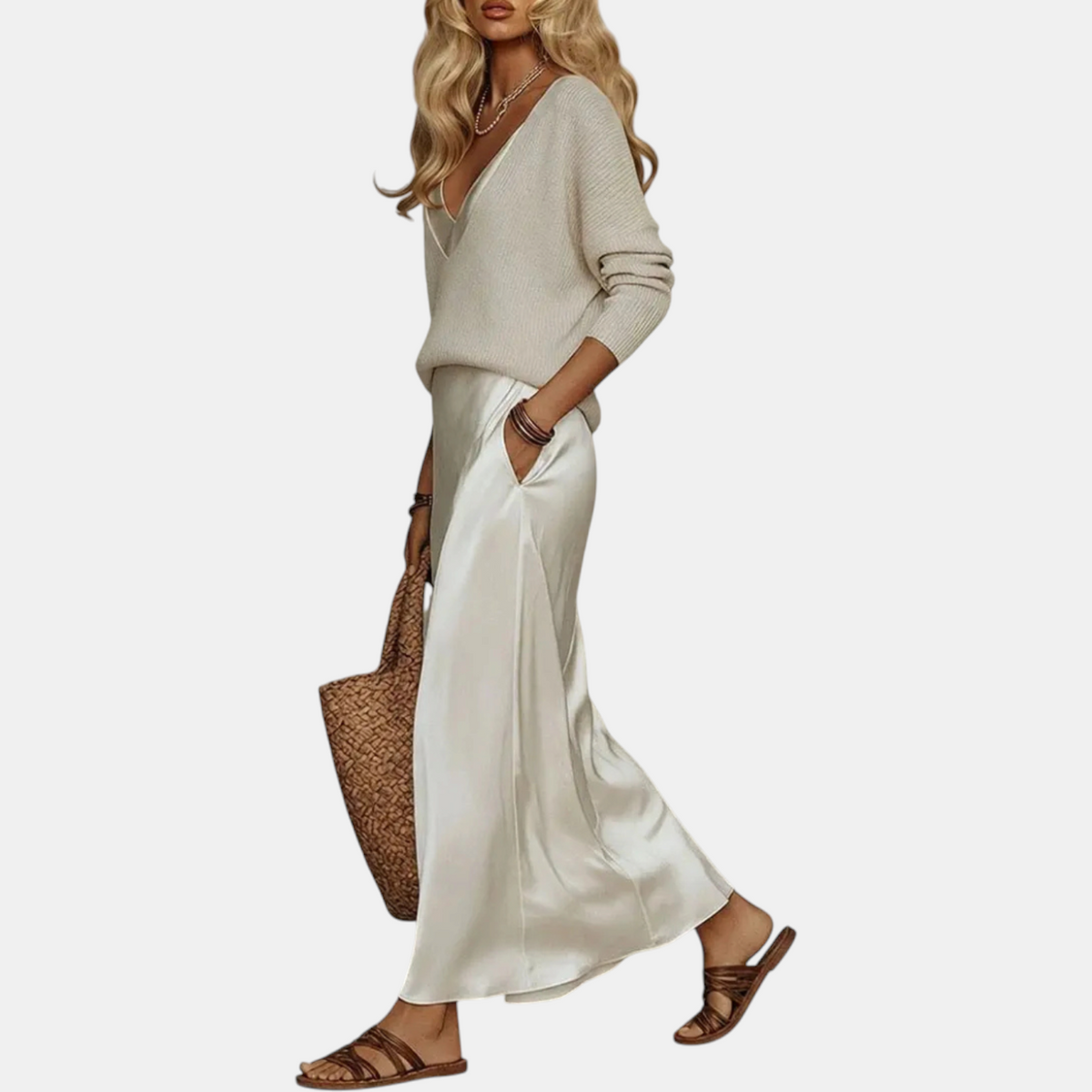 Women's Knit Sweater and Satin Slip Midi Skirt Matching Set