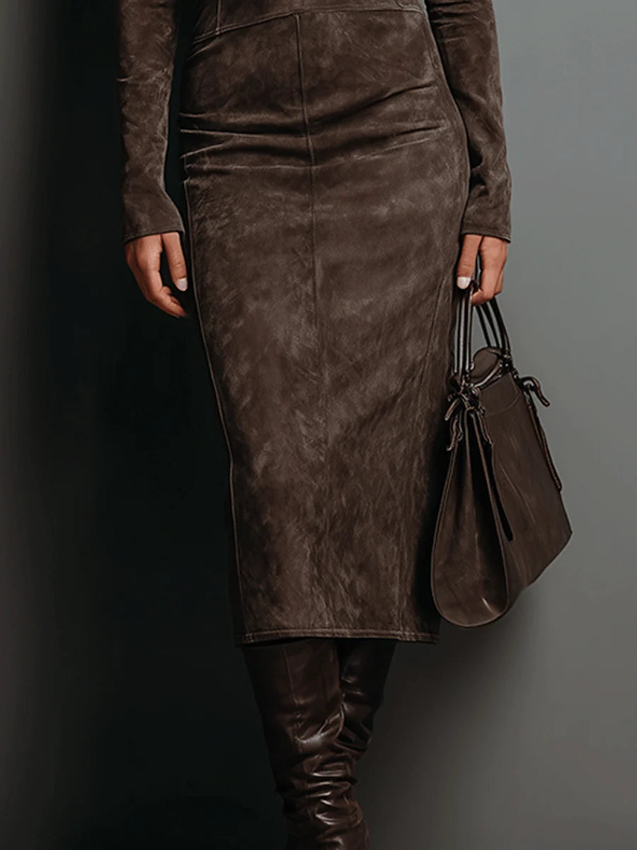 ILARIA - SUEDE MIDI DRESS WITH HIGH NECK AND LONG SLEEVES