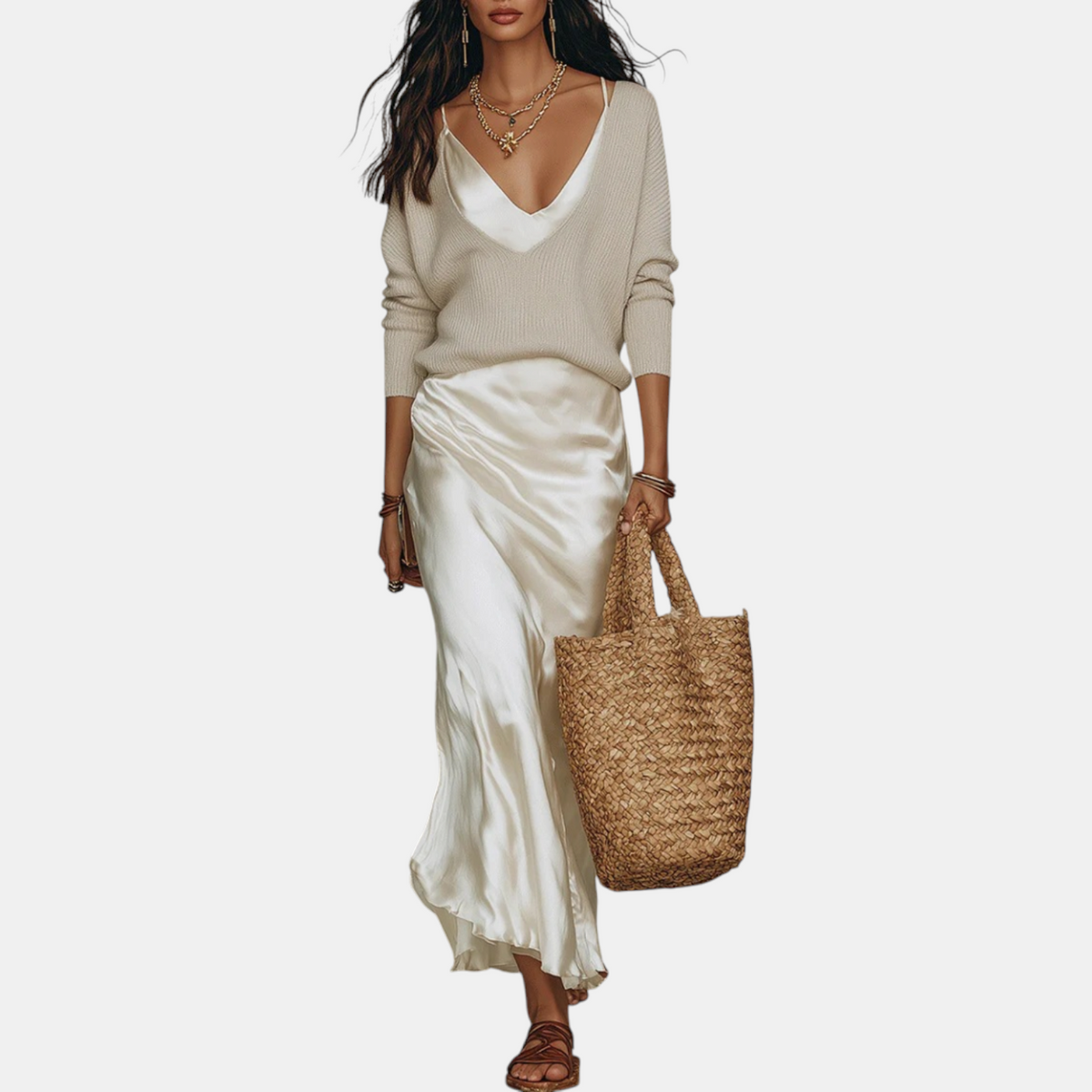 Women's Knit Sweater and Satin Slip Midi Skirt Matching Set