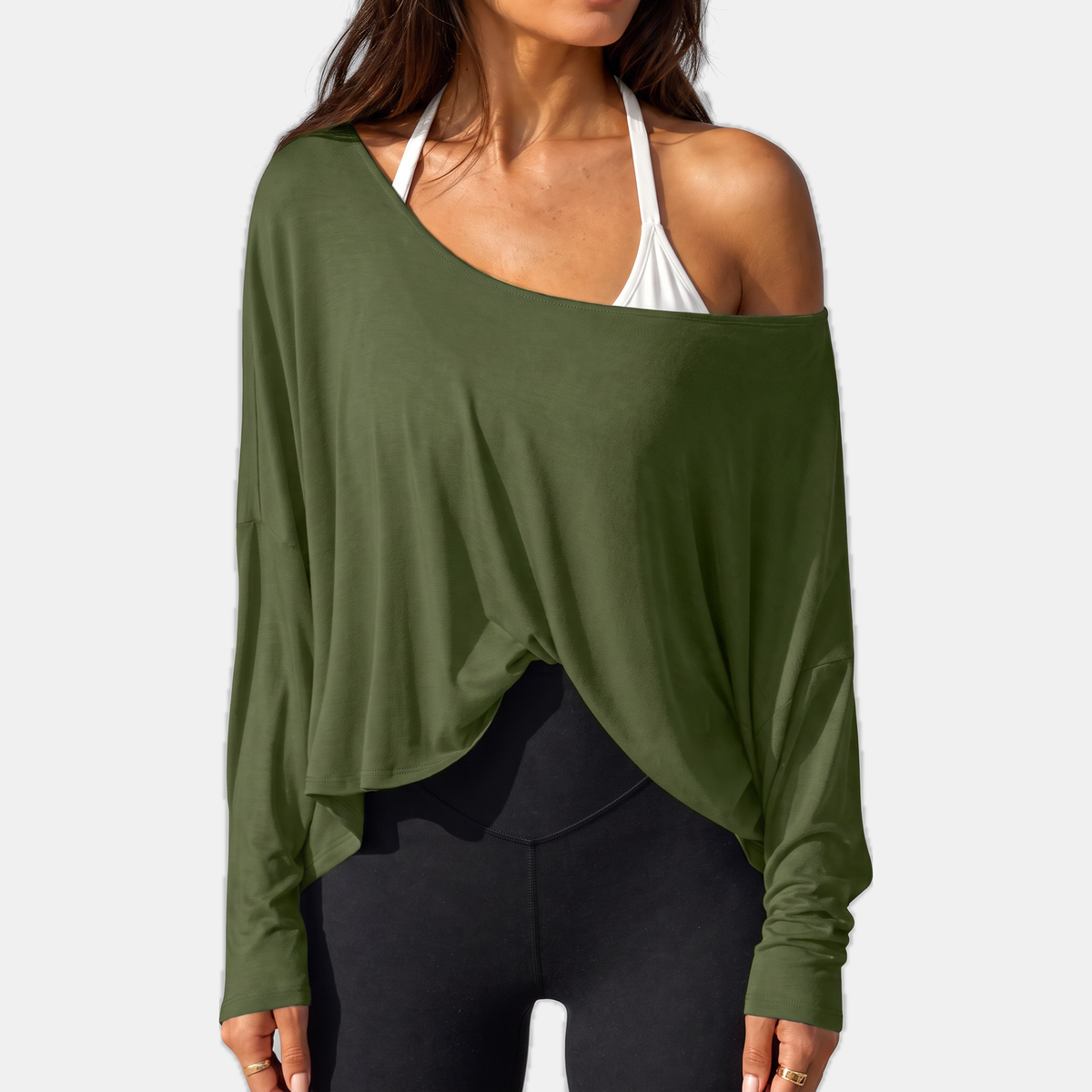 Women's Off Shoulder Oversized Batwing Long Sleeve Gym Top