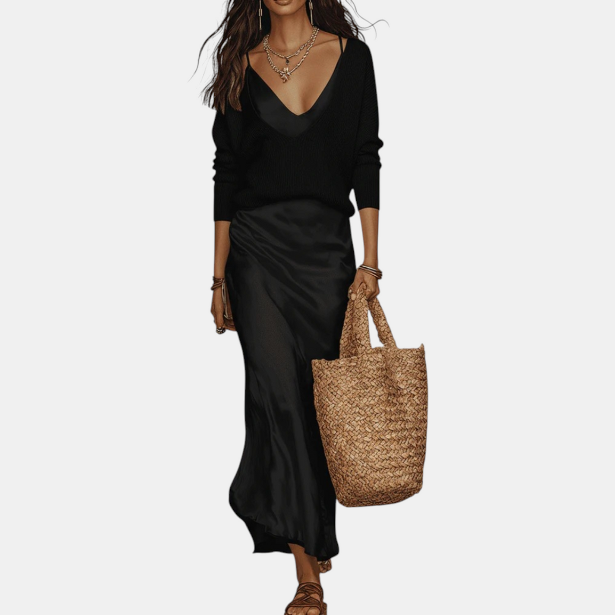 Women's Knit Sweater and Satin Slip Midi Skirt Matching Set