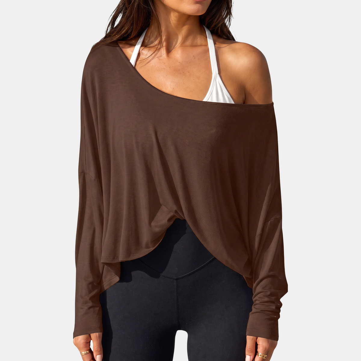 Women's Off Shoulder Oversized Batwing Long Sleeve Gym Top