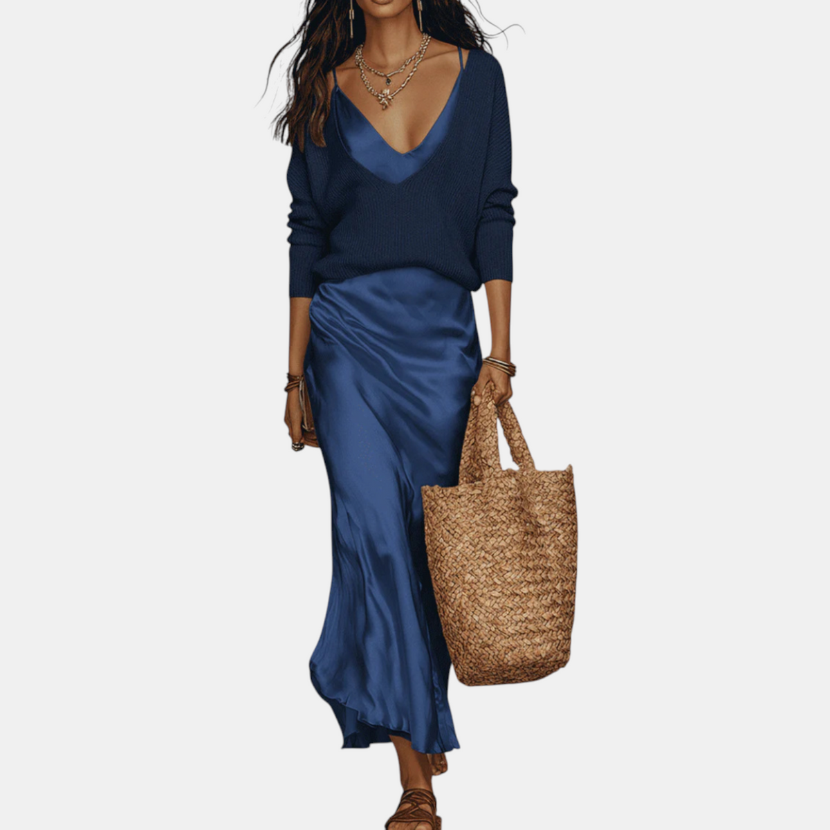 Women's Knit Sweater and Satin Slip Midi Skirt Matching Set
