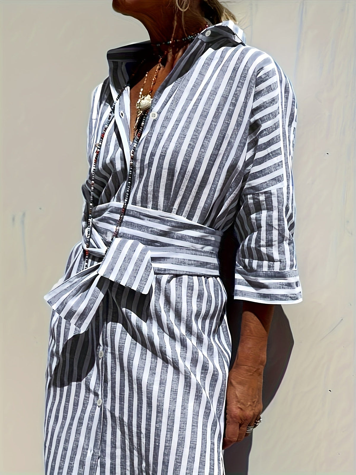 Christine | Striped Print & Button Closure with Belt