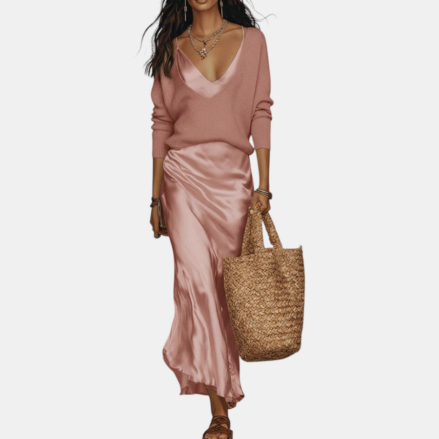 Women's Knit Sweater and Satin Slip Midi Skirt Matching Set